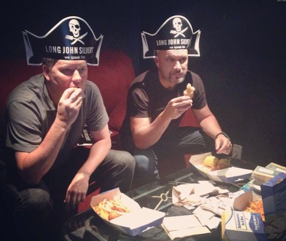 Me and long-time director friend, Mike Hart, conquering some chicken planks during a late-night editing session.